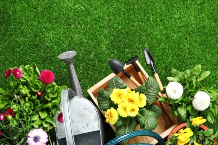 Man erkennt verschiedene Gartenwerkzeuge auf grünem Rasen